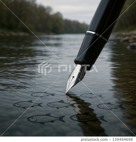 Fountain pen drawing fish in river, close-up. Fountain pen drawing fish in river, close-up. 130484698