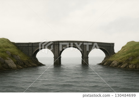 A stone bridge with arches, dropping into the water. 130484699