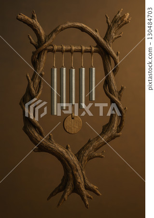 Wooden bells framed by tree branches on a brown background. Wooden bells framed by tree branches on a brown background. 130484703