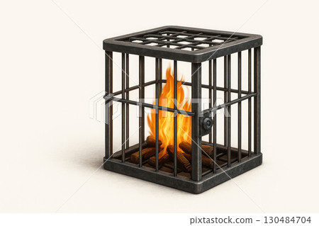 A fire burning in an iron cage on a light background. Space for text. A fire burning in an iron cage on a light background. Space for text. 130484704
