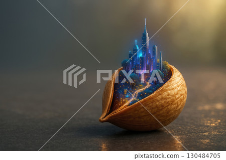 A miniature neon city in a walnut shell on a blurred background. Space for text. A miniature neon city in a walnut shell on a blurred background. Space for text. 130484705