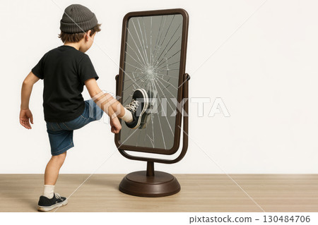 The boy kicks the mirror, breaking it, on a light background. Space for text. 130484706