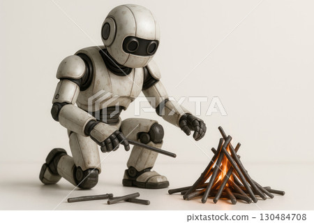 The robot lights a fire with sticks. Space for text. 130484708