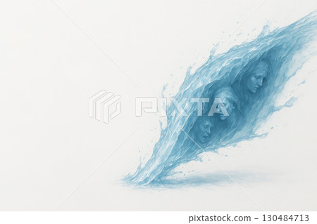 A splash of water with people's faces inside. Space for text. 130484713