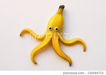 A banana with eyes that resembles an octopus on a light background. Space for text. A banana with eyes that resembles an octopus on a light background. Space for text. 130484718