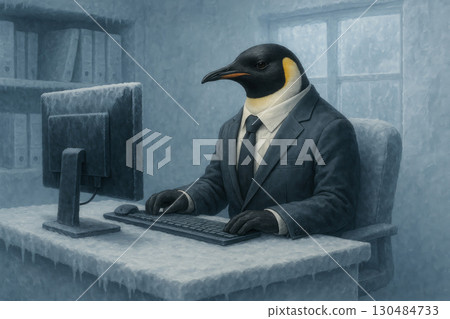 A penguin in a suit works at a computer in a frozen office. A penguin in a suit works at a computer in a frozen office. 130484733