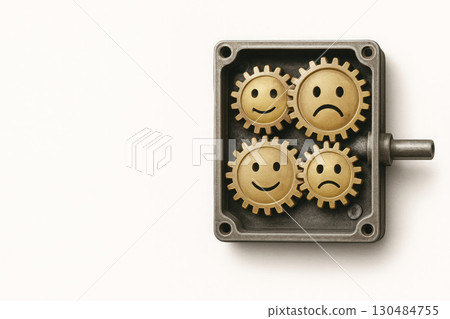 A box with gears in the form of smiling and sad emoticons, the concept of emotions. Space for text. A box with gears in the form of smiling and sad emoticons, the concept of emotions. Space for text. 130484755