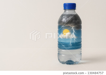 A plastic bottle with the sea, the sun and a zipper inside. Space for text. 130484757