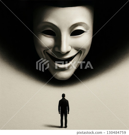 A small man stands in front of a huge mask with a smile, concept. A small man stands in front of a huge mask with a smile, concept. 130484759