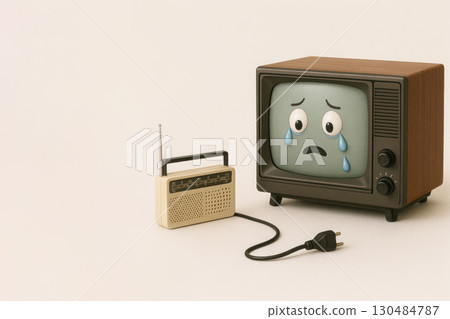 A sad TV and a disconnected radio nearby. Space for text. A sad TV and a disconnected radio nearby. Space for text. 130484787