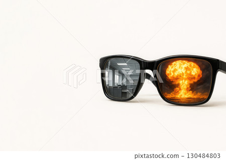 Glasses with the reflection of the office and a nuclear explosion. Space for text. 130484803