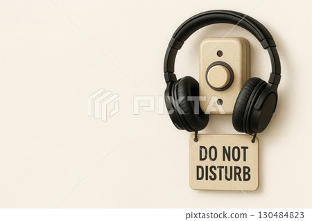 Headphones on the doorbell with Do Not Disturb sign. Space for text. Headphones on the doorbell with Do Not Disturb sign. Space for text. 130484823