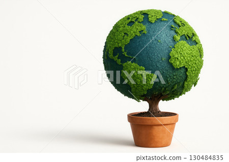 Globe in the form of a tree in a pot on a white background. Space for text. Globe in the form of a tree in a pot on a white background. Space for text. 130484835