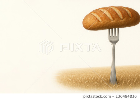Bread on a fork in a field of wheat. Space for text. 130484836