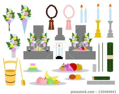 掃墓用具、祭品、鮮花 盂蘭盆節和秋分插畫集(活動8) 掃墓用具、祭品、鮮花 盂蘭盆節和秋分插畫集(活動8) 130484841