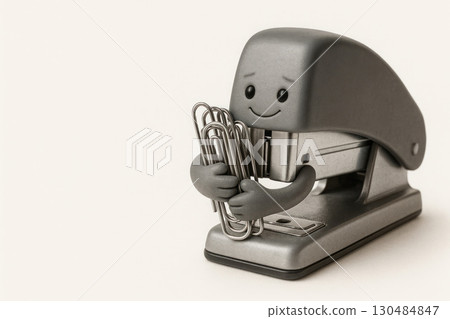 The stapler with his face hugs the paper clips tightly. Space for text. 130484847
