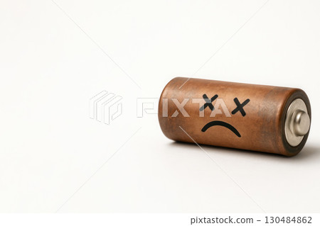 A tired battery with a face with no energy. Space for text. A tired battery with a face with no energy. Space for text. 130484862