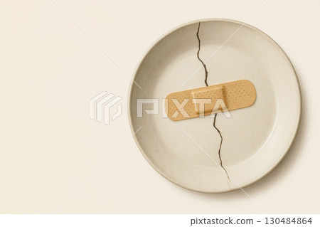A plate with a crack sealed with a plaster. Space for text. 130484864