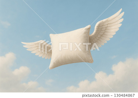 A pillow with wings flying in the sky. 130484867