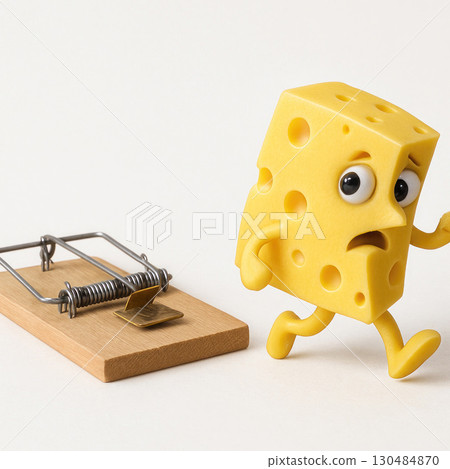 A piece of cheese running away from a mousetrap. 130484870