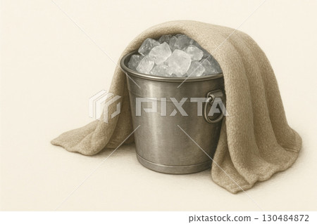 A bucket of ice covered with a warm blanket. Space for text. A bucket of ice covered with a warm blanket. Space for text. 130484872