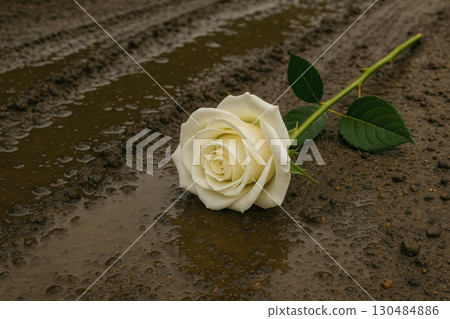 A white rose lies on a wet muddy road. 130484886