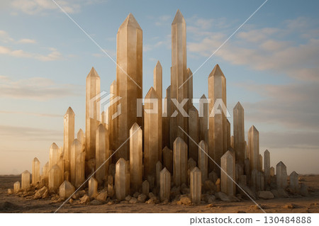 Huge gold crystals grow in the desert at dawn. 130484888