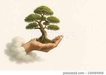 A hand coming out of the cloud holds a tree. Space for text. 130484948