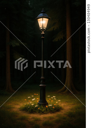 A lamppost in the middle of the forest, flowers are illuminated by a warm light. A lamppost in the middle of the forest, flowers are illuminated by a warm light. 130484949