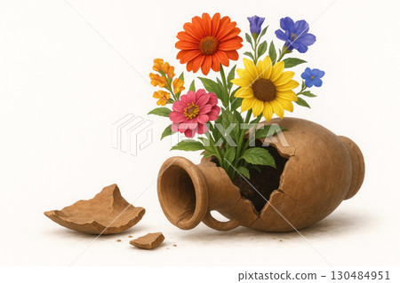 Flowers growing from a broken clay jug. 130484951