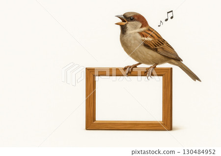 A singing sparrow sits on an empty frame. Space for text. 130484952