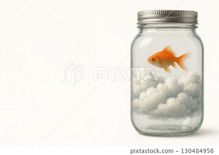 Goldfish in a jar with clouds inside. Space for text. 130484956