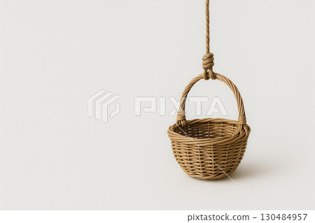 The wicker basket is suspended on a rope tied like a noose. Space for text. 130484957