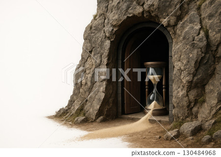 An hourglass, from which sand pours out, stands at the entrance to the cave. Space for text. 130484968