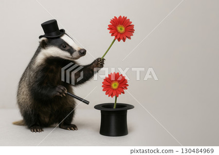 Badger in a top hat with a magic wand and a flower from a hat. Space for text. 130484969