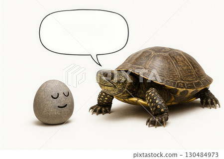 The turtle conducts a philosophical dialogue with the stone. Space for text. The turtle conducts a philosophical dialogue with the stone. Space for text. 130484973