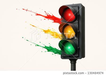 A traffic light that sprinkles paint in three colors. Space for text. A traffic light that sprinkles paint in three colors. Space for text. 130484974