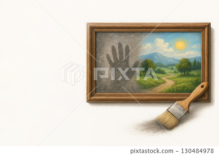 The painting is cleaned with a brush from dust, a landscape appears. Space for text. 130484978