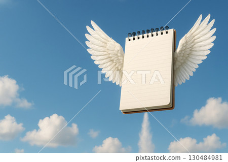 A notebook with wings soars into the sky. Space for text. 130484981