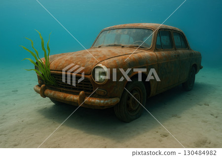 A rusty car underwater with algae on the hood. A rusty car underwater with algae on the hood. 130484982