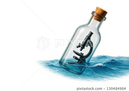 Microscope in a bottle floating on water. Space for text. Microscope in a bottle floating on water. Space for text. 130484984