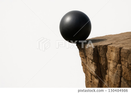 A black metal ball hangs over the edge of the cliff. Space for text. 130484986