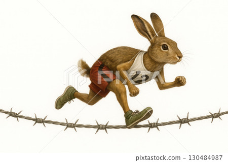 A running hare in a sports uniform on barbed wire. Space for text. 130484987