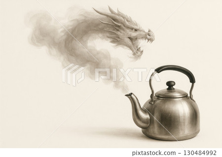 The steam from the kettle turns into a dragon's head. Space for text. The steam from the kettle turns into a dragon's head. Space for text. 130484992