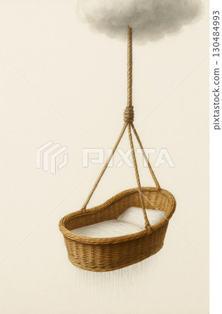 A baby cradle suspended from the cloud on a rope. 130484993