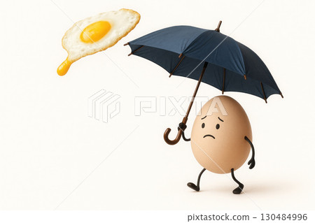 A sad egg hides under an umbrella from a fried egg. Space for text. 130484996