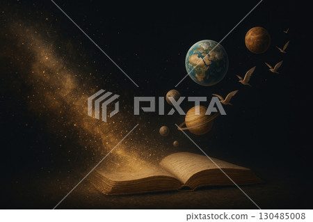 A book from which planets and birds fly into space. 130485008