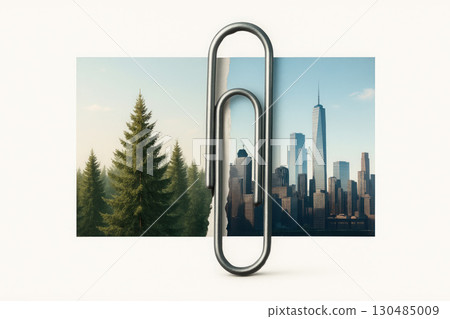 A paperclip connects the forest and the city against the background of torn paper. 130485009
