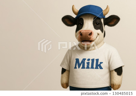 A cow wearing a T-shirt with the inscription Milk and a blue cap, on a light background. Space for text. 130485015