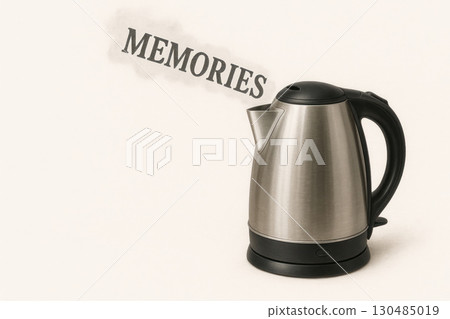 An electric kettle that emits steam in the form of the Memories inscription. Space for text. 130485019